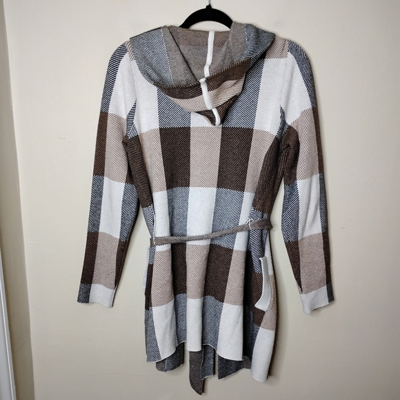 Joie Plaid Knit Hooded Jacket Women’s Large Belted Waist Preppy Travel Layering - Picture 3 of 7